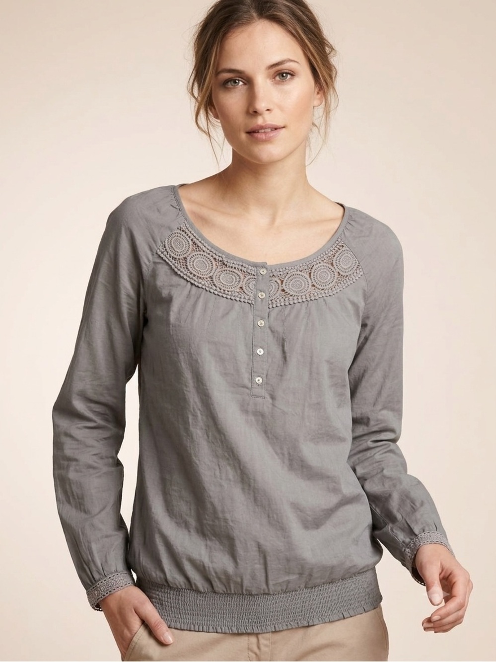 Mexx Sheer Grey Crochet-Trim Long Sleeve Henley Top